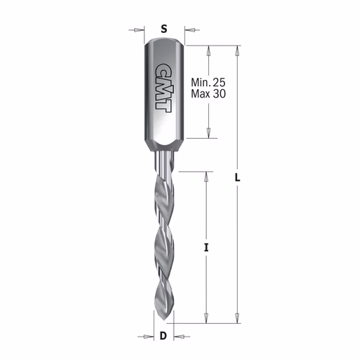 Drevelboor, links D=3mm L=70mm L1=30mm I=27mm